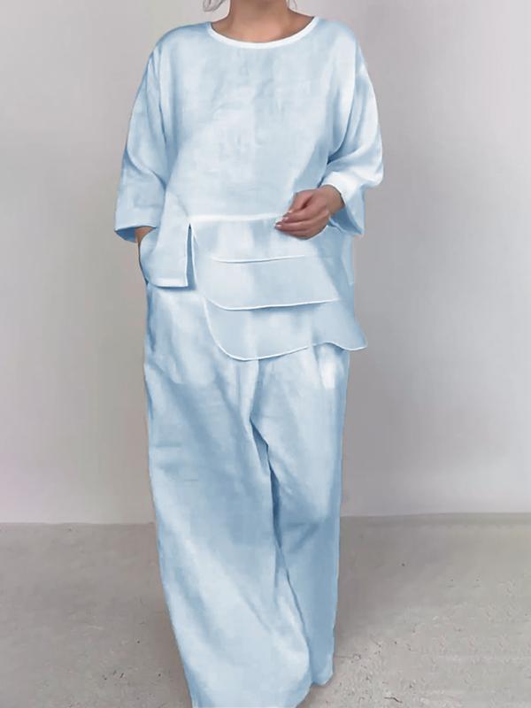Crewneck Satin Layered Top & Wide-Leg Pants Set