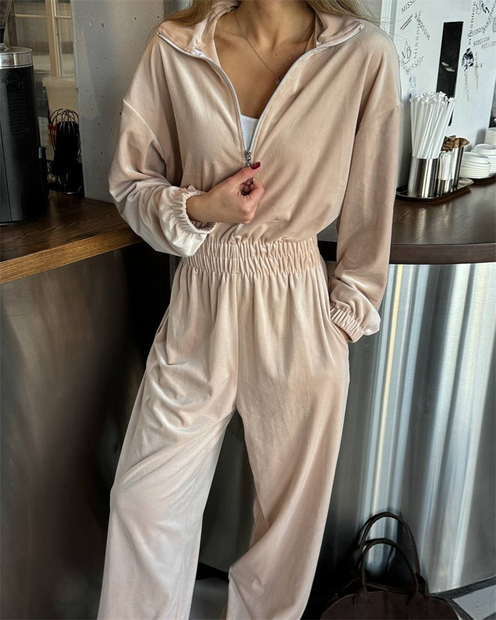 Women's Long Sleeve Jumpsuit with Half Placket and Elastic Waist