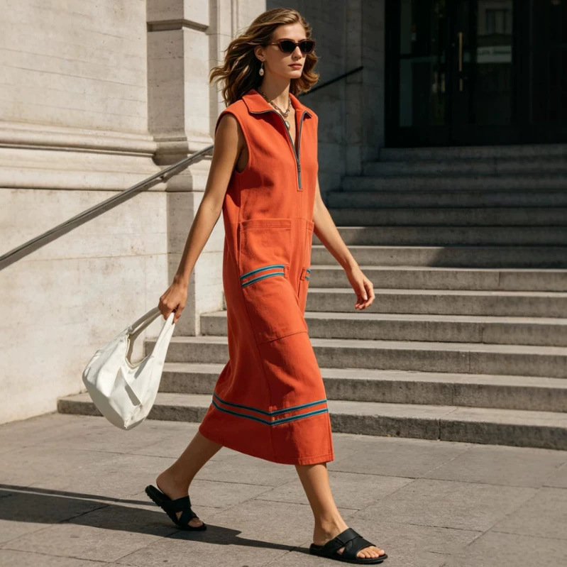 Retro Striped Orange Half-Zip Sleeveless Long Dress