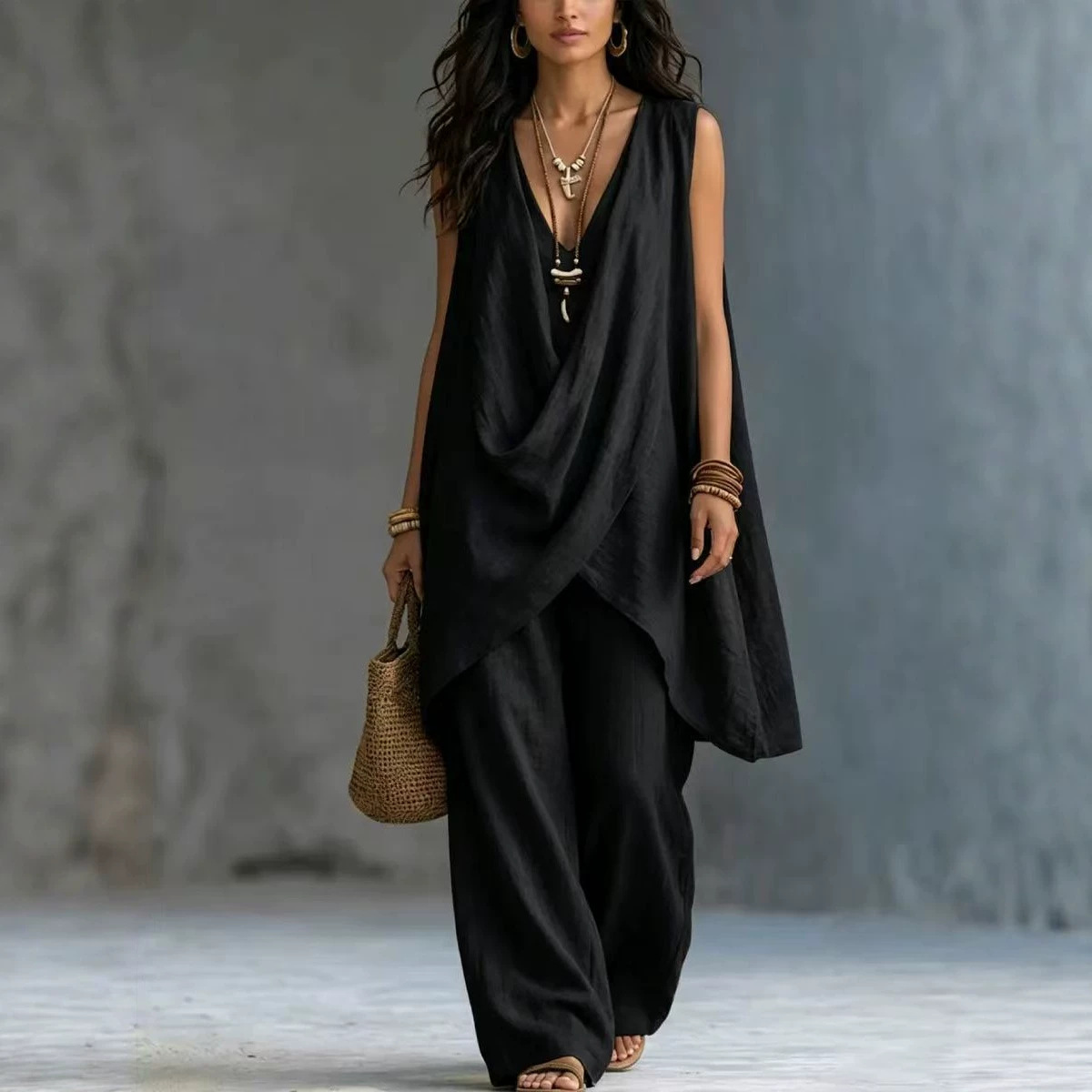 Women's Sleeveless Cross V-Neck Loose Top and Wide-Leg Pants Two-Piece Set