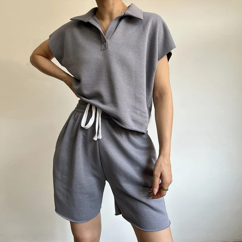 Women's Collared Long-Sleeve Loose Top and Tie Shorts Two-Piece Set