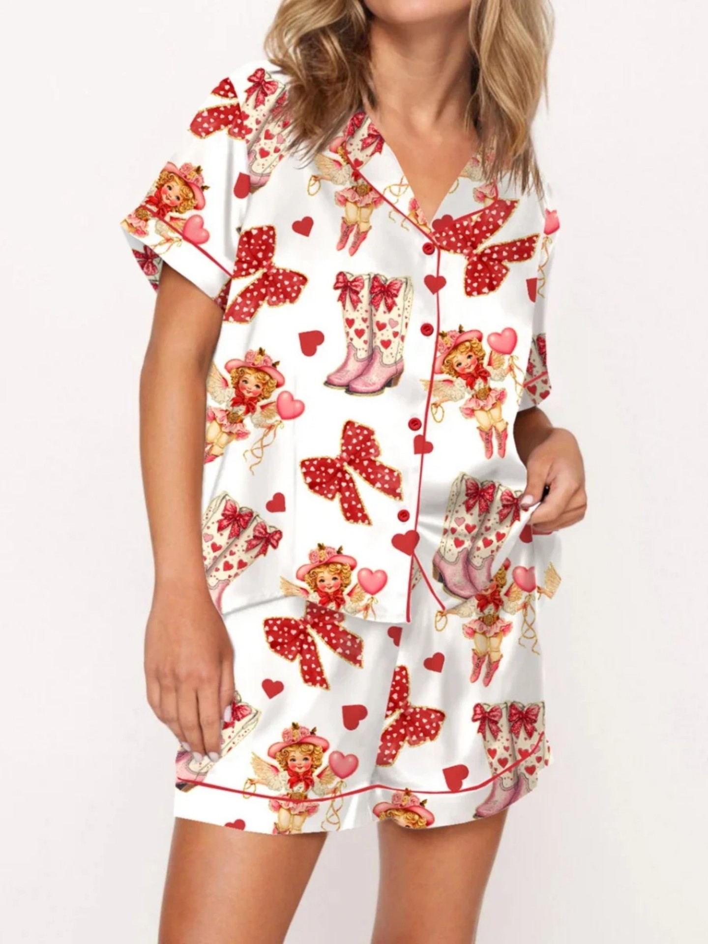 Women's Cuban Collar Short Sleeve Shirt Set with Novelty Print