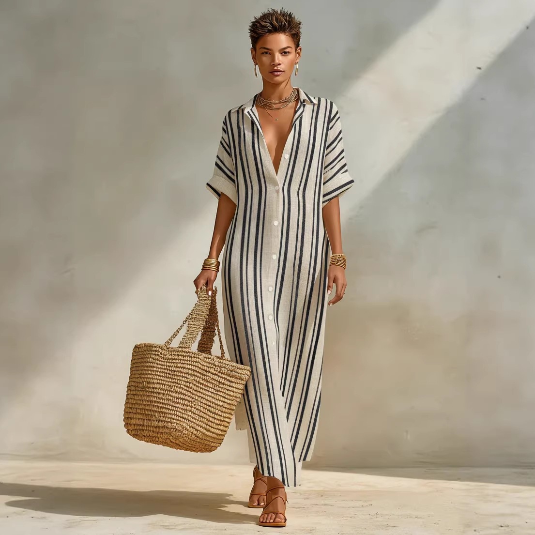 Women's Striped Shirt Dress Loose Casual Long Vacation Dress