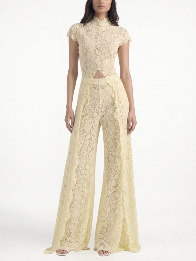 Lace Solid Color Dress Set with Cutout Round Neck and Front Slit