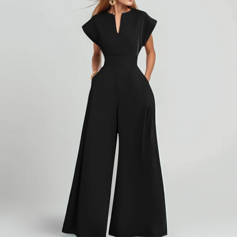 V-Neck Waist-Cinched Wide-Leg Jumpsuit