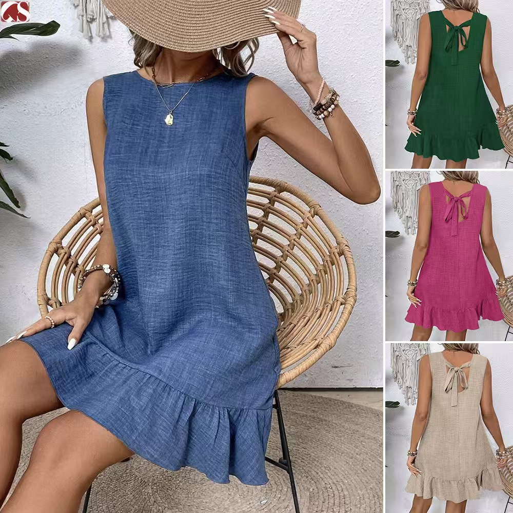 Women's Tie-Front Ruffle Sleeveless Midi Dress Casual