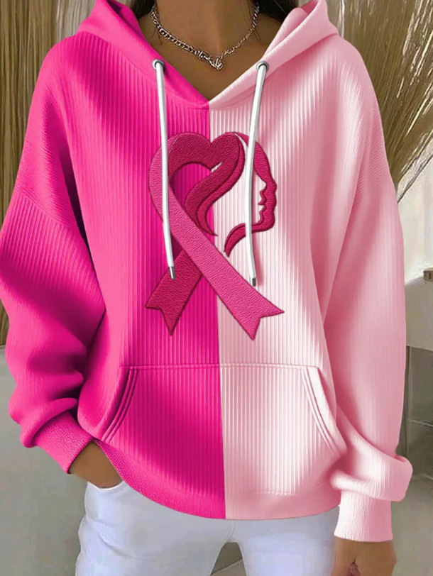Women's Striped Hooded Long-Sleeve Sweatshirt with Cartoon Digital Print