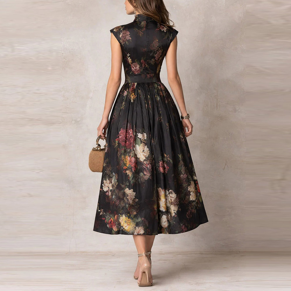 Sleeveless Black Floral Print Maxi Dress with 3D Flowers Slim Fit