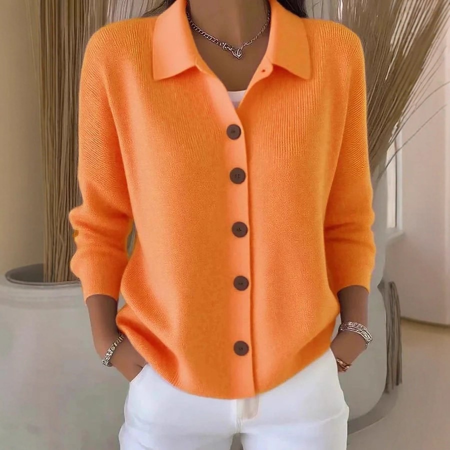 Button-Up Knit Collared Cardigan Sweater Coat Solid Color Casual Women's