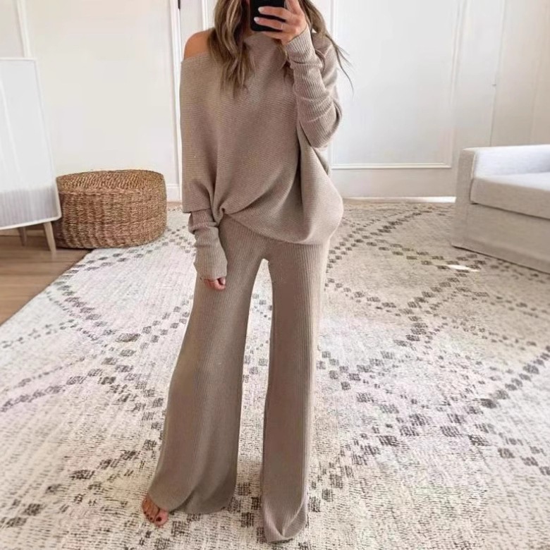 Solid Color Batwing Sleeve Drawstring High Waist Wide Leg Knit Two-Piece Pants Set