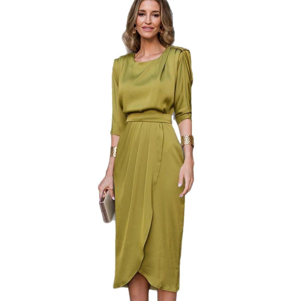Women's Solid Color Silk-Blend Midi Dress with Tie Detail