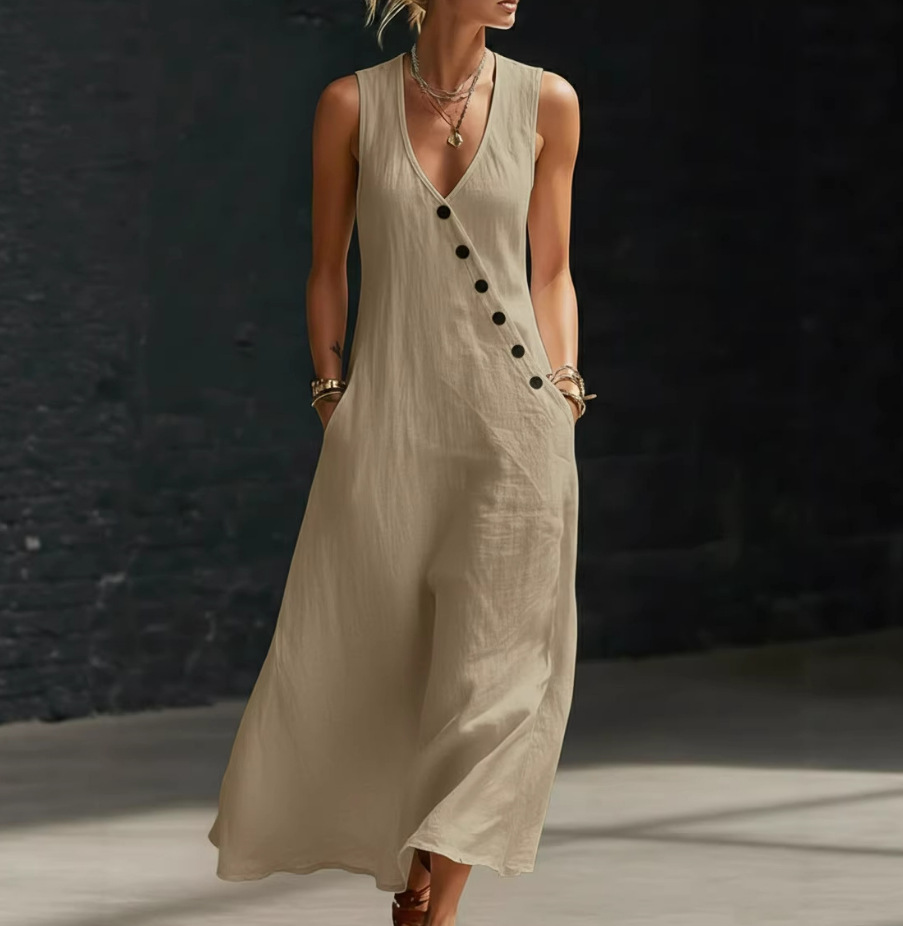 V-Neck Sleeveless Button-Front Midi Dress Cotton-Linen Vacation Casual