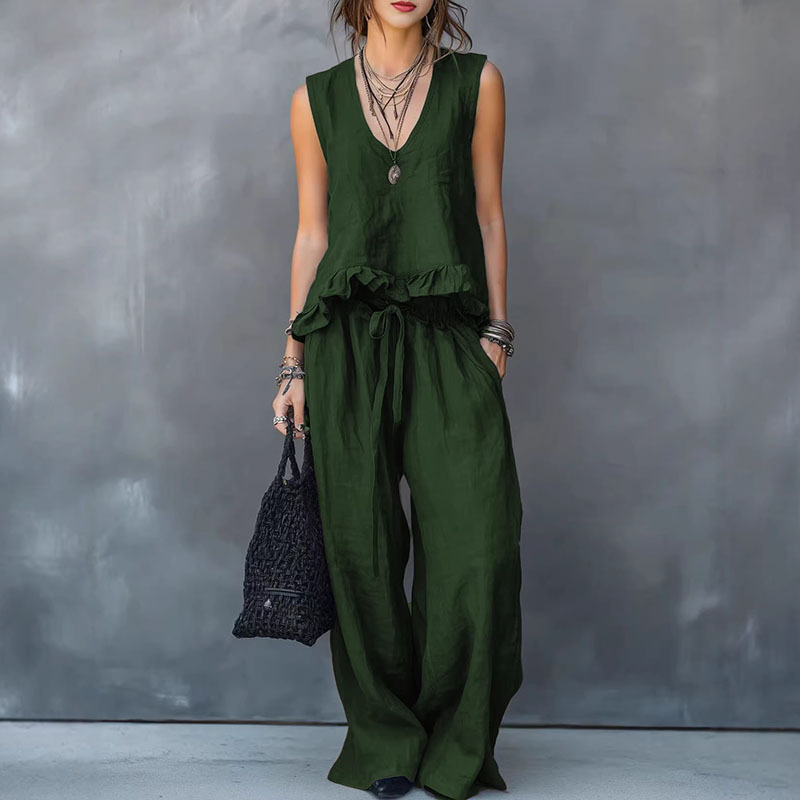 Sleeveless V-Neck Ruffle Top and Wide-Leg Pants Set