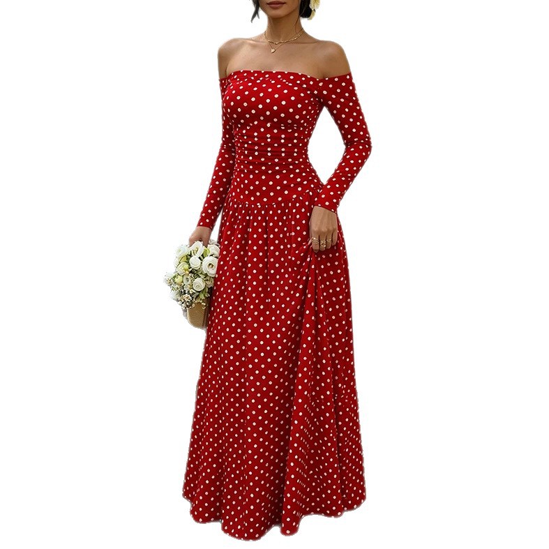 Sexy Off-Shoulder Polka Dot A-Line Dress with Waist-Cinching Silhouette