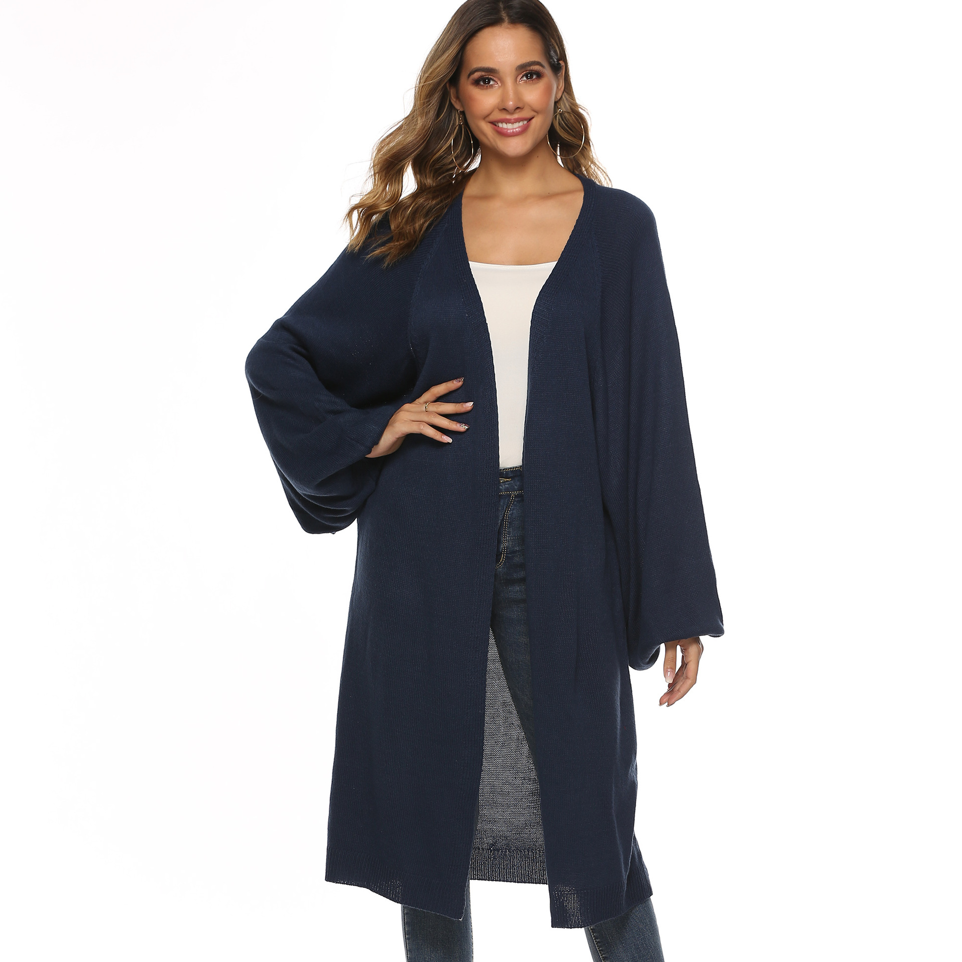 Women's Solid Color Bell Sleeve Batwing Loose Midi Knit Cardigan