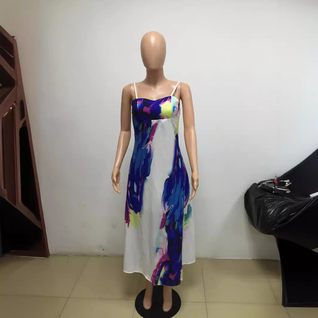 Women's Strapless Off-Shoulder Digital Print Maxi Dress with Waist
