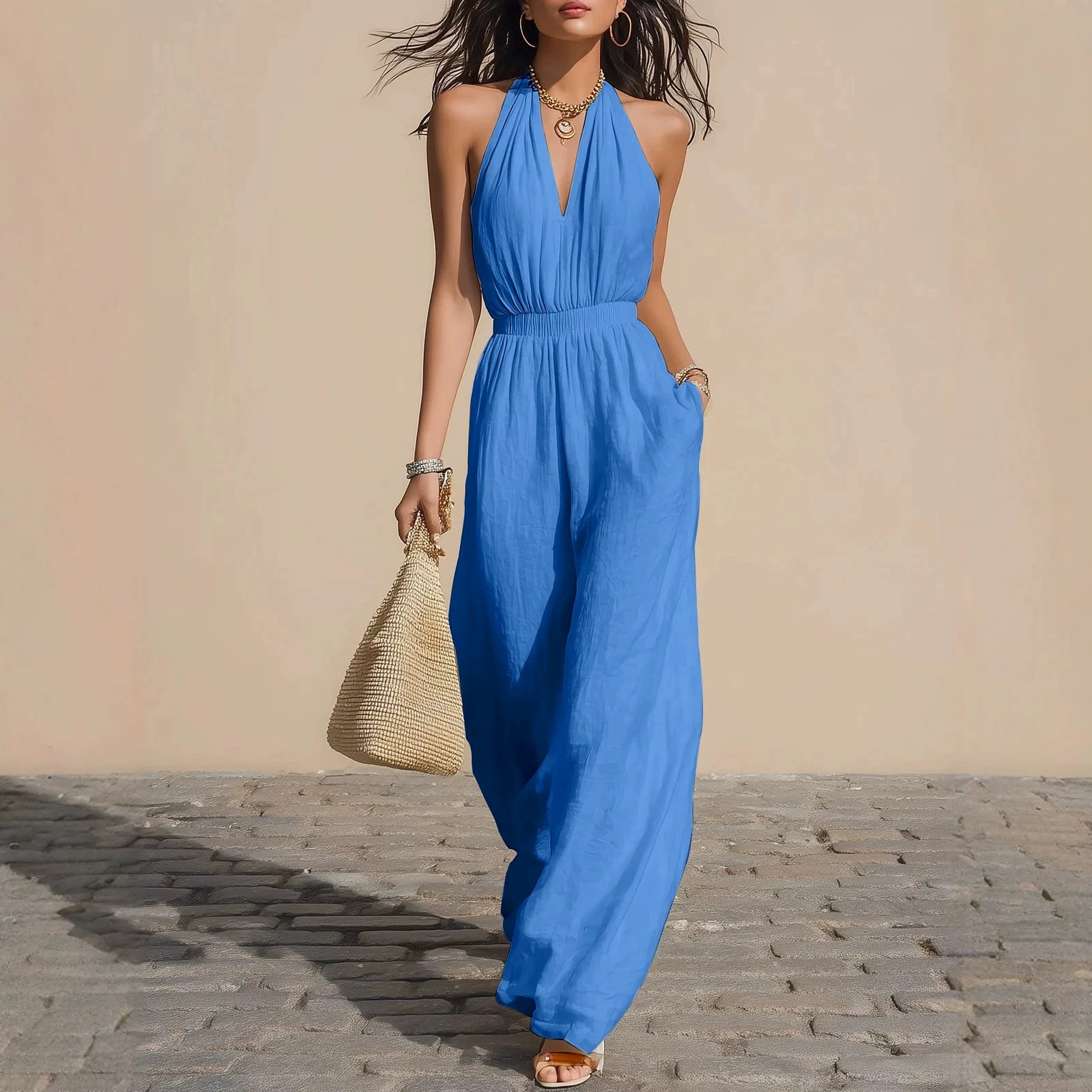Women's Halter V-Neck Wide-Leg Jumpsuit Solid Color Commuter Set