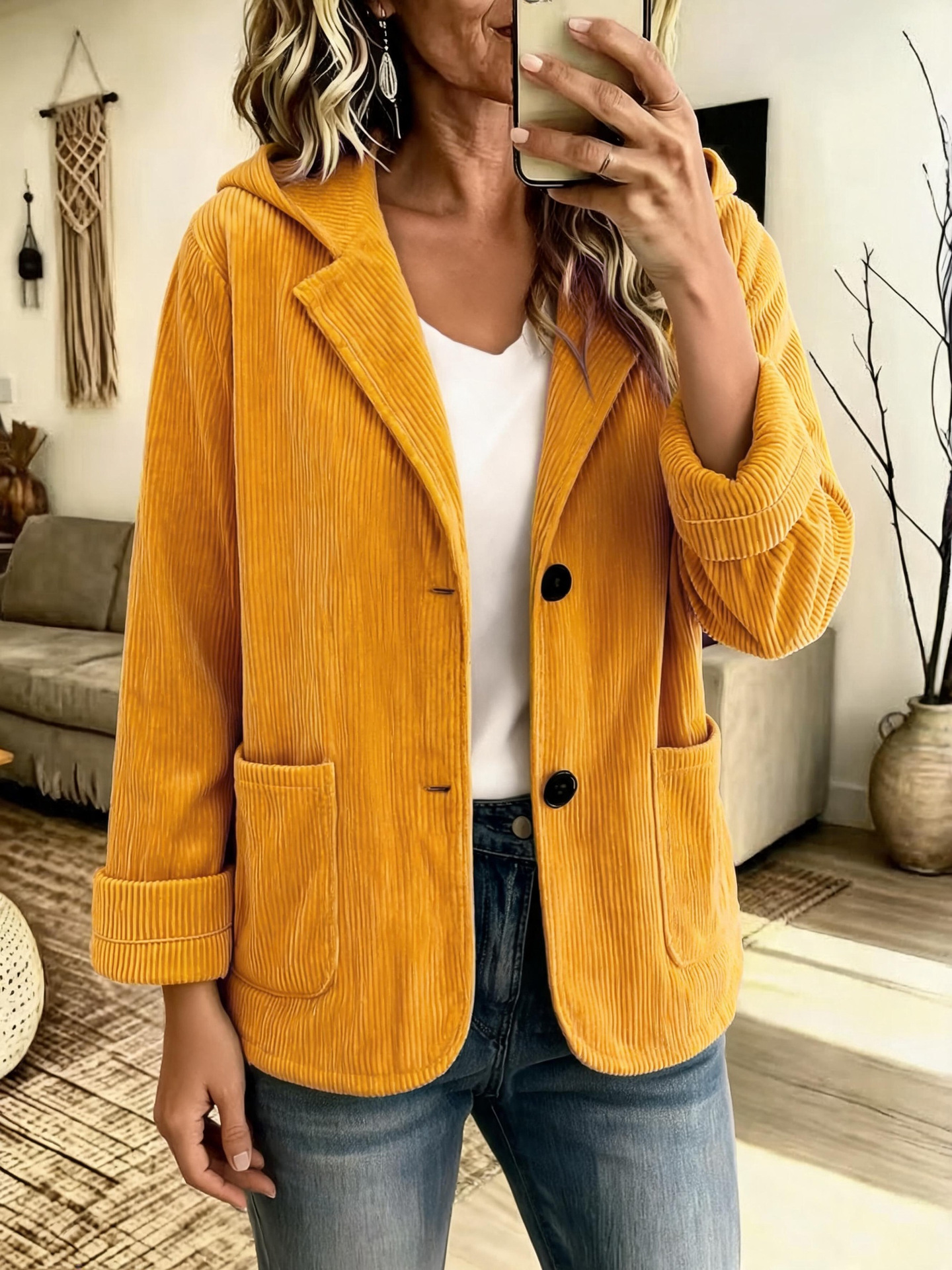 Corduroy Hooded Short Jacket with Lapel Collar