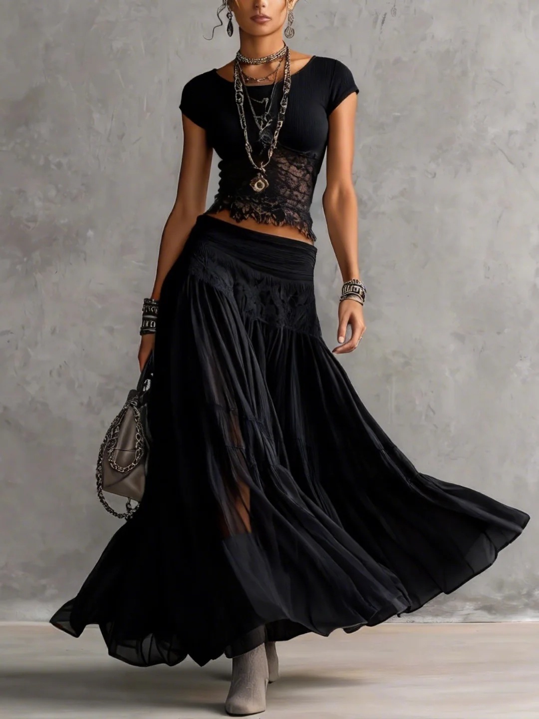 Gray Knit Top and Chiffon Maxi Skirt Two-Piece Set