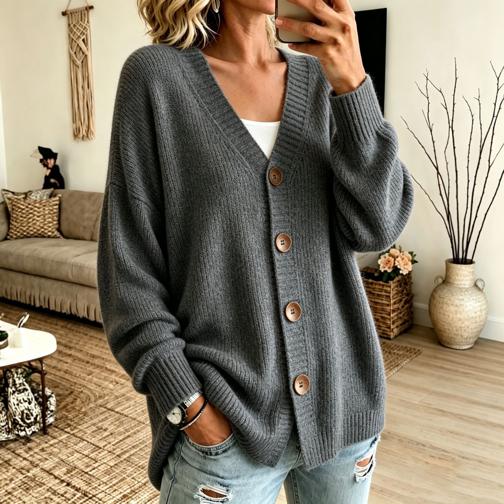 Women's Button-Front V-Neck Knit Cardigan Sweater