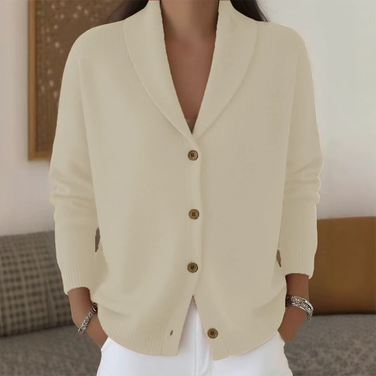 Button-Up Knit Collared Cardigan Sweater Coat Solid Color Women's