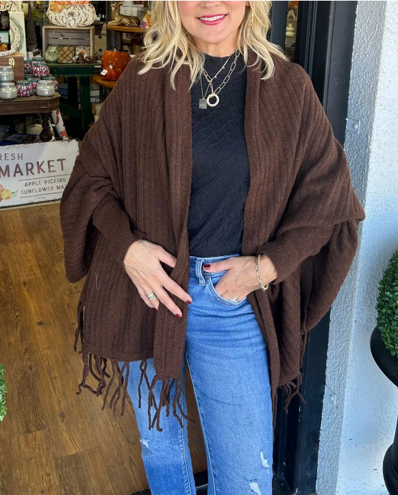 Women's Solid Knit Fringe Shawl Cardigan