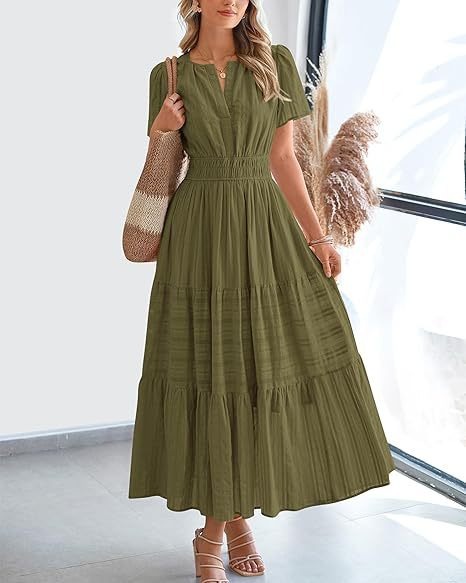 V-Neck Ruched Bubble Sleeve Tiered Maxi Dress
