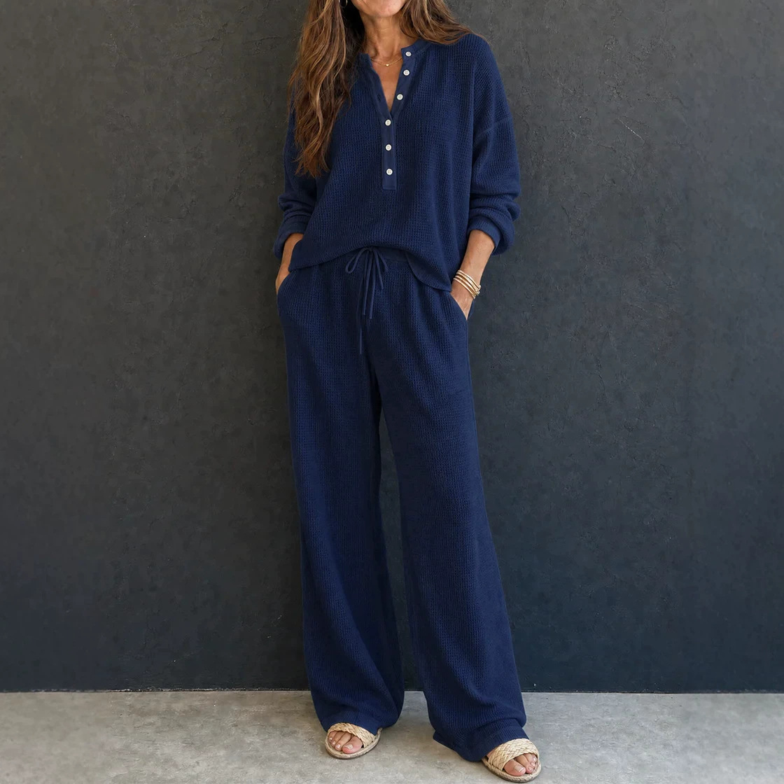 Women's Ribbed Knit Sweatshirt and Straight-Leg Pants Set