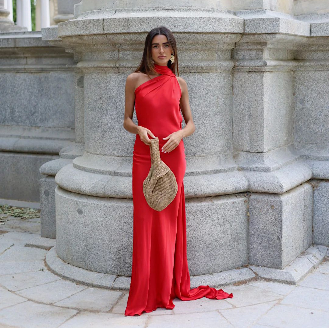 Women's Elegant Open-Back Halter Maxi Dress with Tie Detail