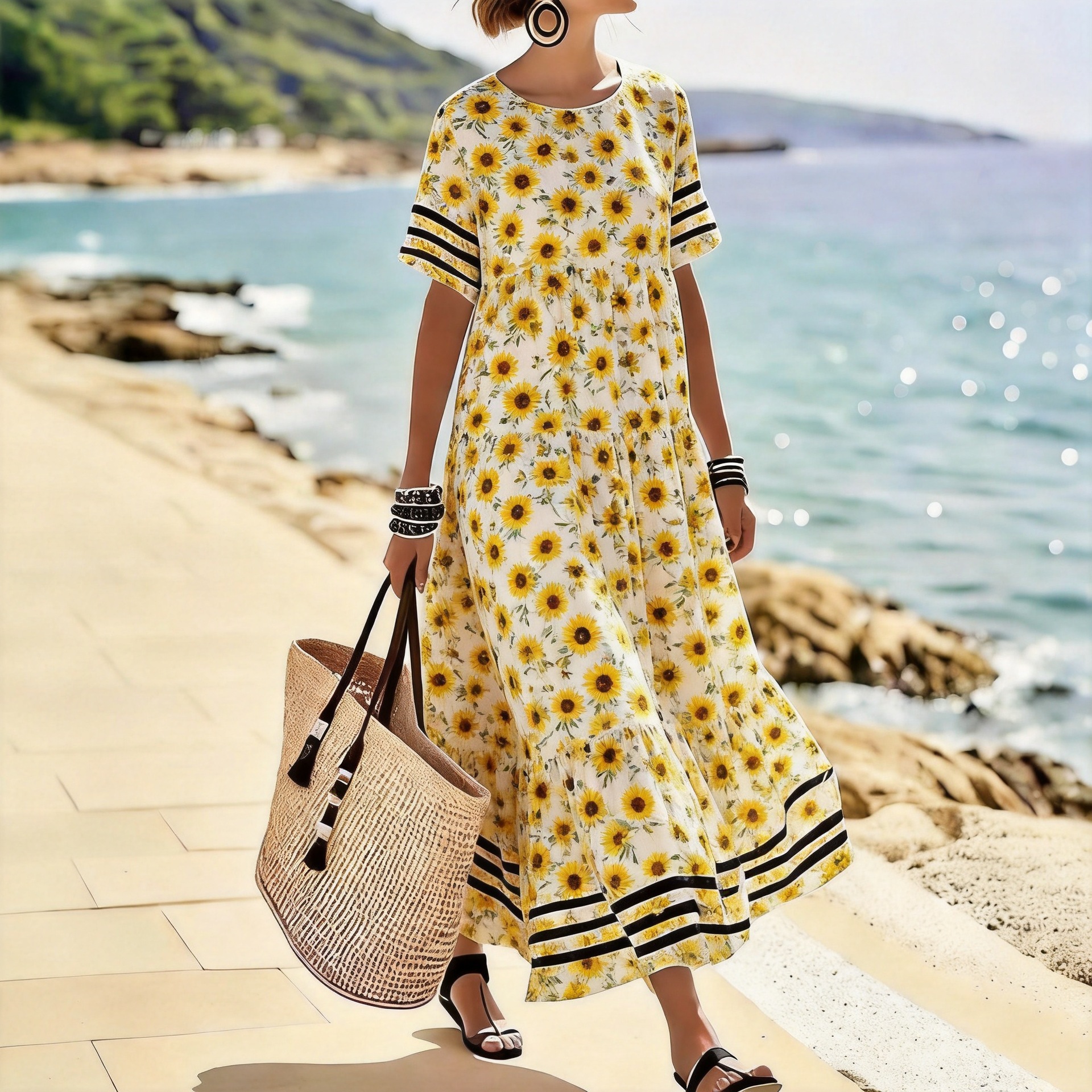Women's Striped Round Neck Loose Long Dress Casual Vacation