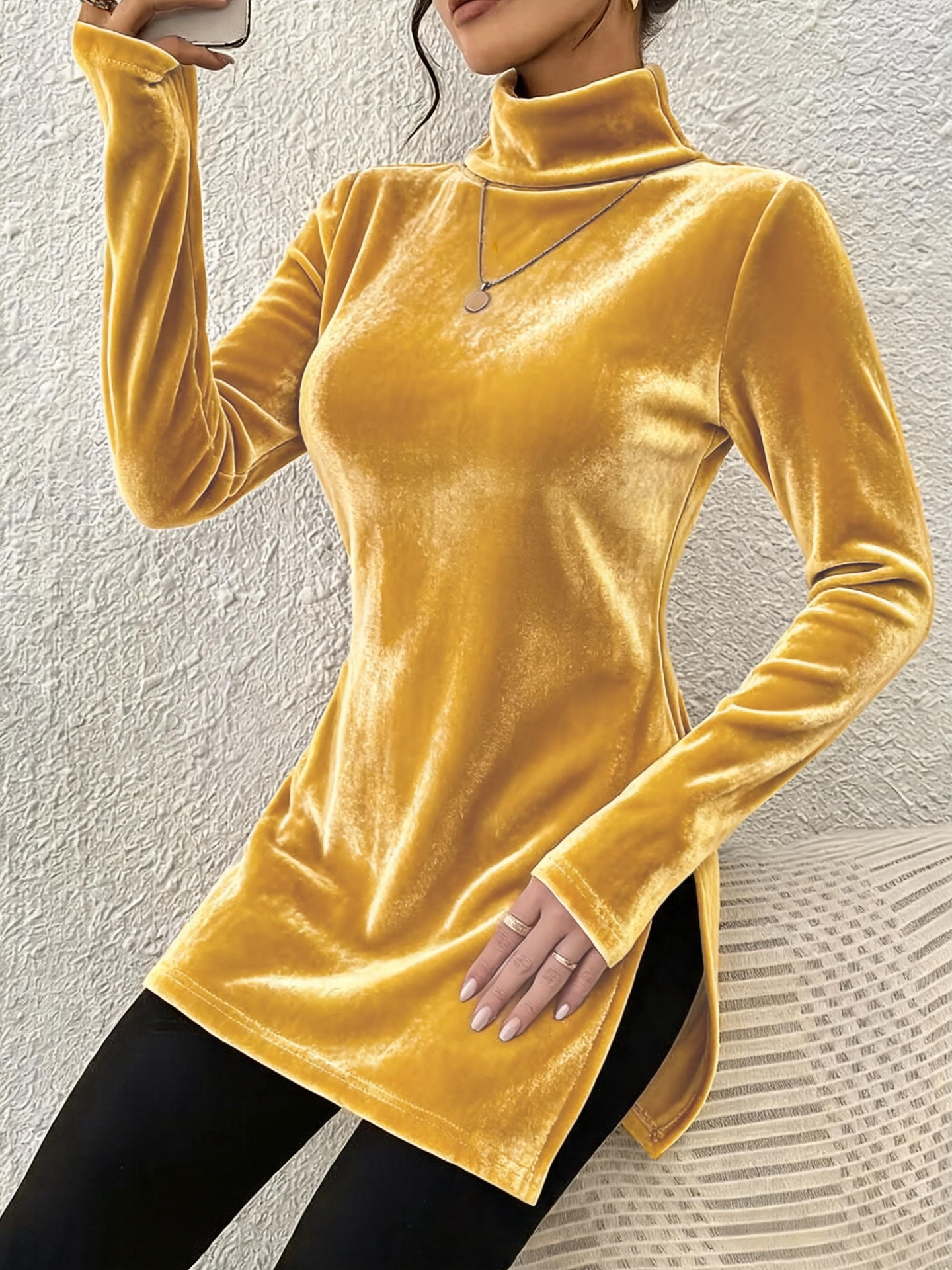 Women's Velvet High Neck Split Slim Fit Pullover Top