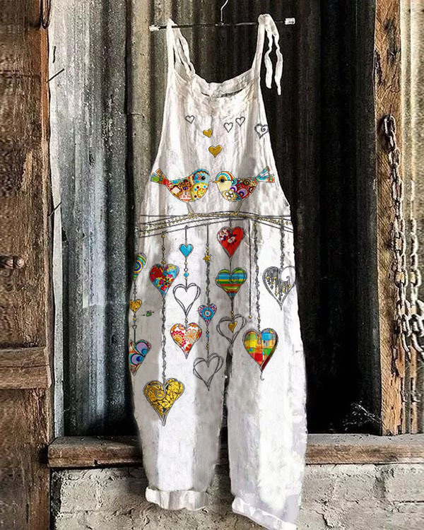 Women's Printed Cotton-Linen Cami Jumpsuit Sleeveless Wide-Leg Beach Romper