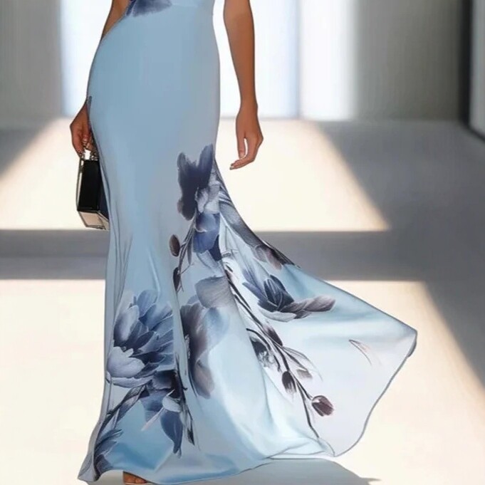 Blue Printed One-Shoulder Long Dress Elegant Evening Gown