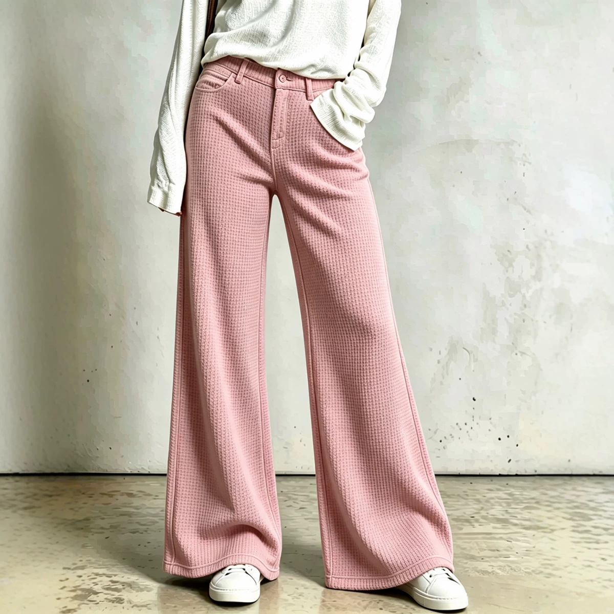 Waffle Knit High-Waist Straight-Leg Pants