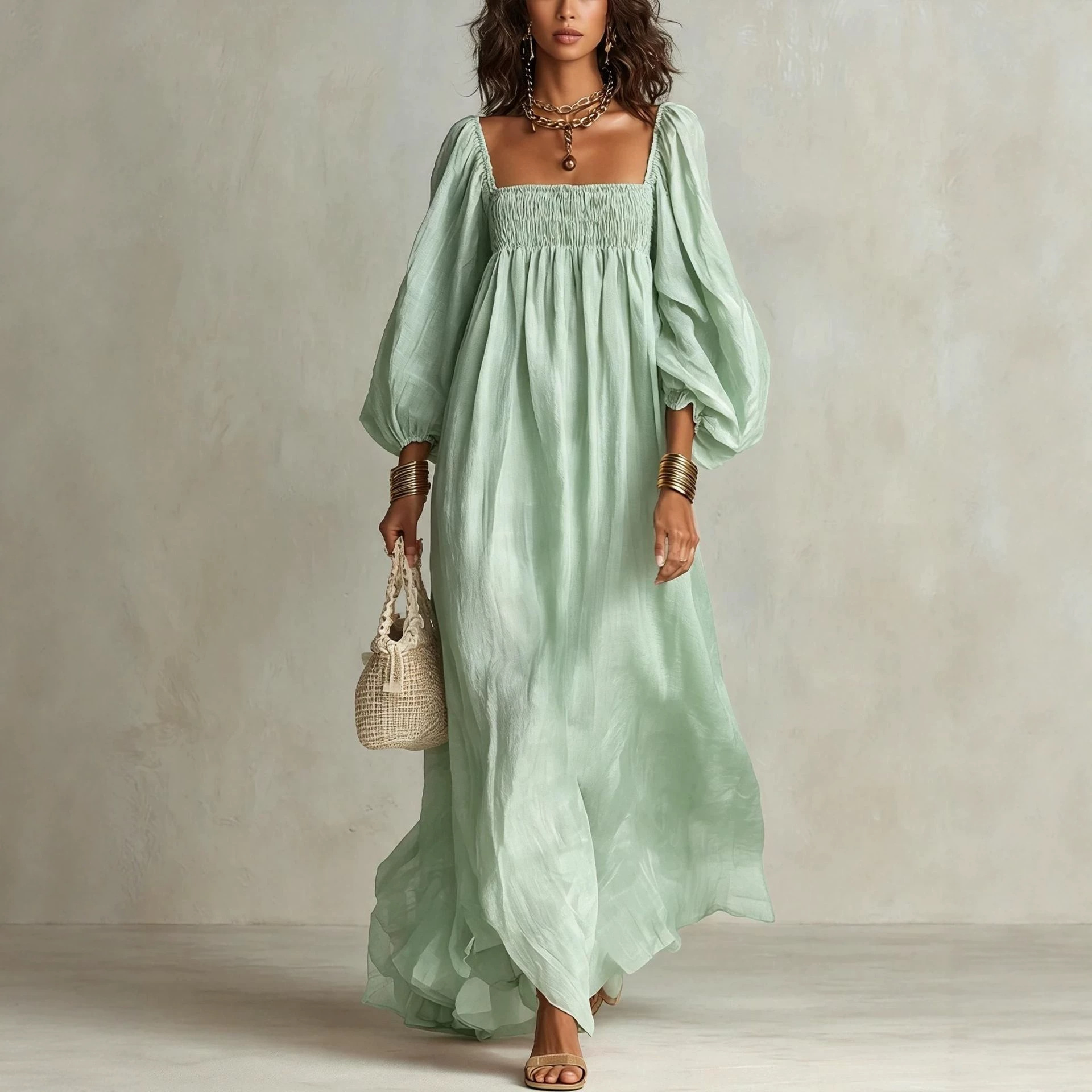 Elegant Square Neck Long Sleeve Loose Vacation Dress