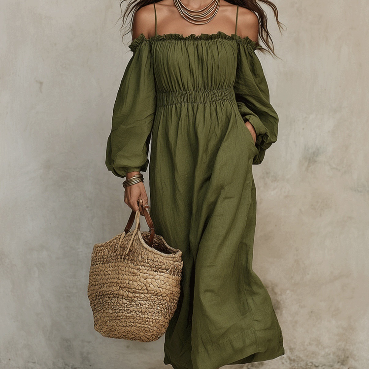 Cotton-Linen Off-Shoulder Pleated Maxi Dress