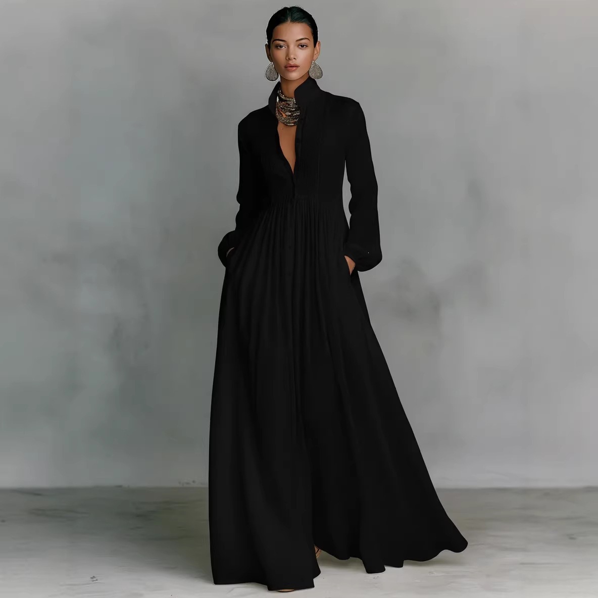 Women's Pleated Long Sleeve A-Line Maxi Dress