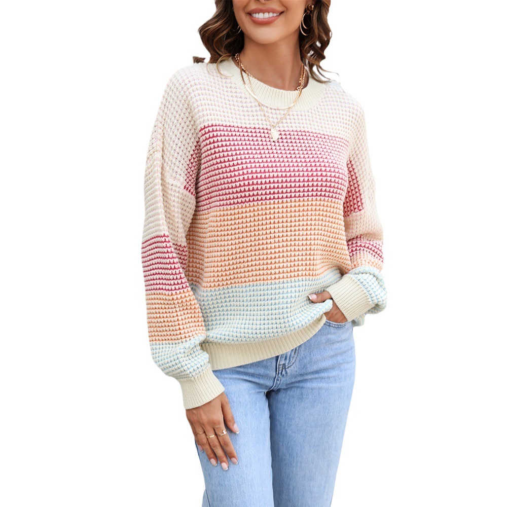 Casual Color-Block Crewneck Knit Sweater Loose Plus Size Pullover