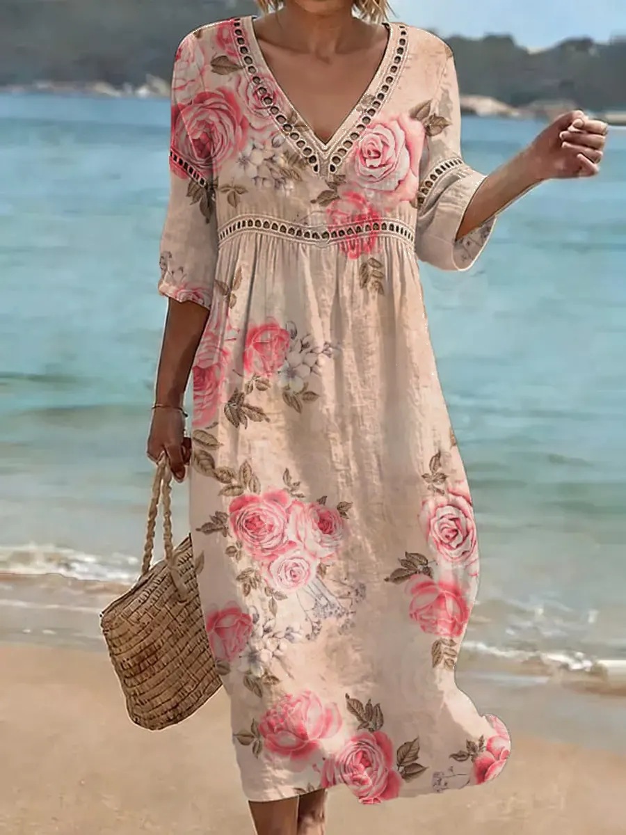 Women's Floral Print Pleated Midi Dress with Deep V-Neck and Five-Quarter Sleeves