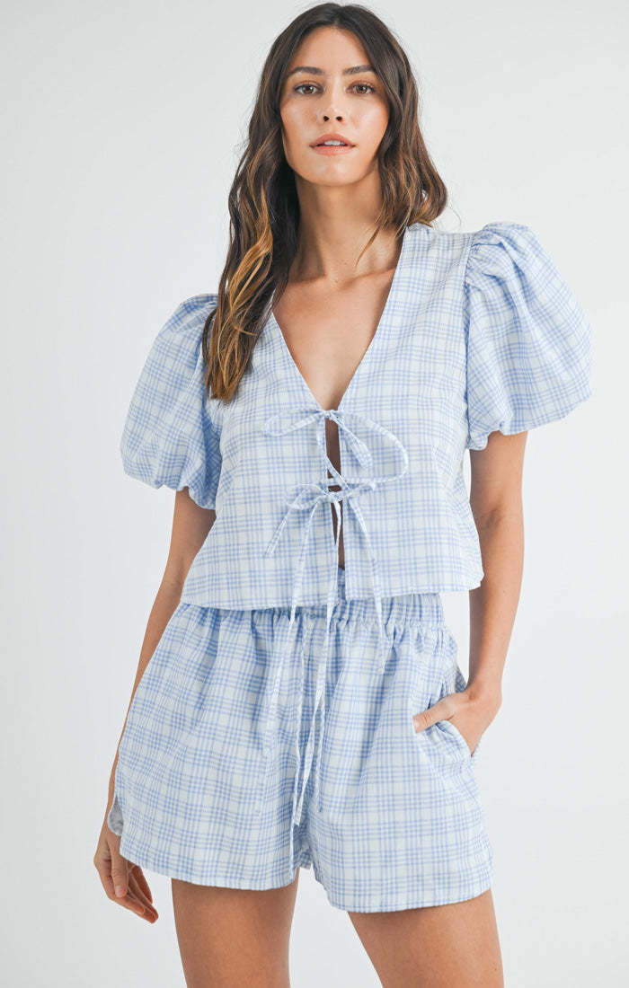 Women's V-Neck Tie Bow Puff Sleeve Plaid Two-Piece Set