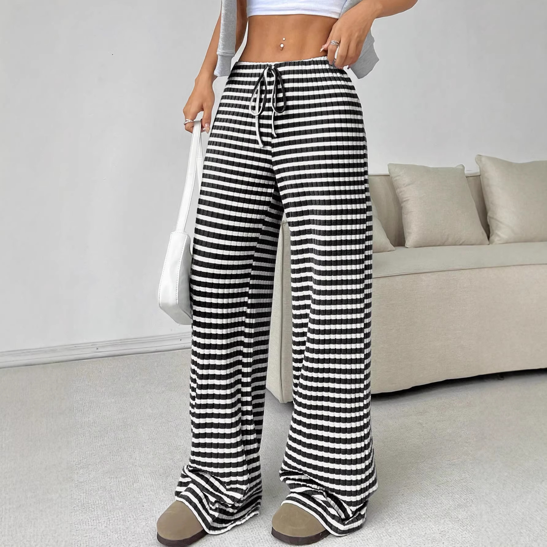Women's Casual Striped Solid Drawstring Cotton Straight-Leg Pants