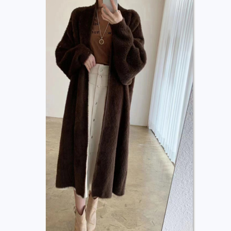 Women's Long Over-Knee Cardigan Sweater Loose Faux Mink Coat