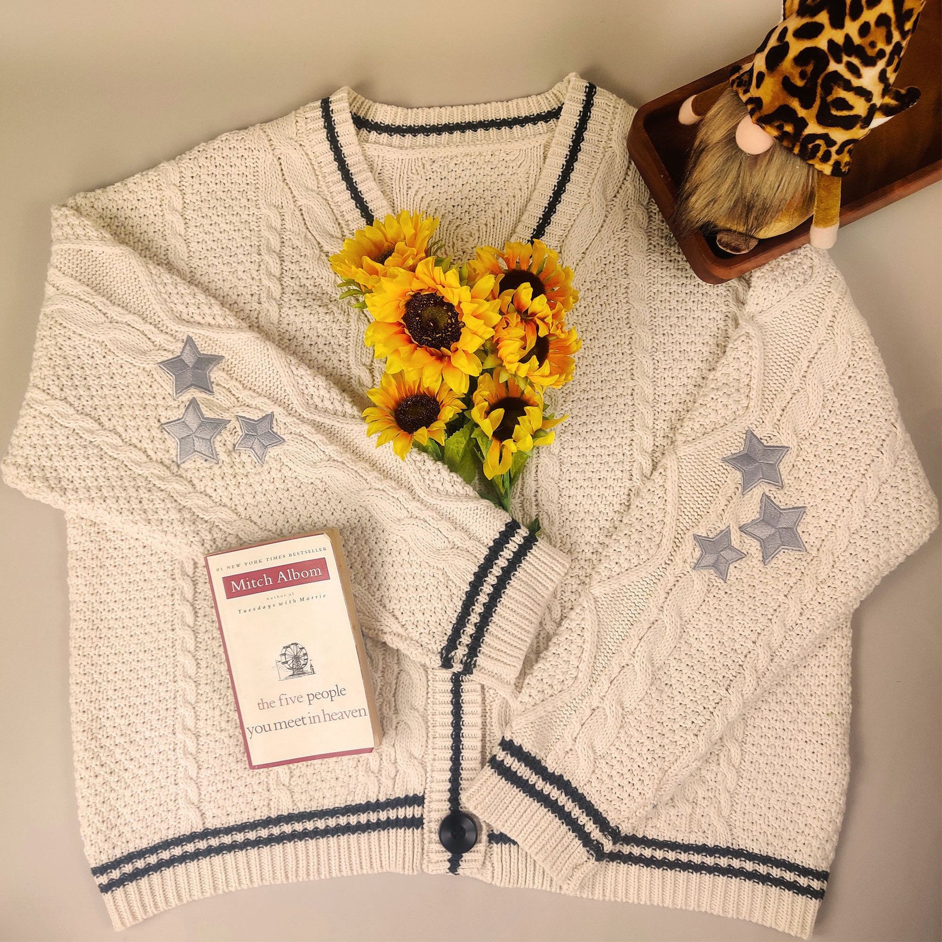 V-Neck Star Embroidered Button-Front Loose Knit Cardigan Sweater
