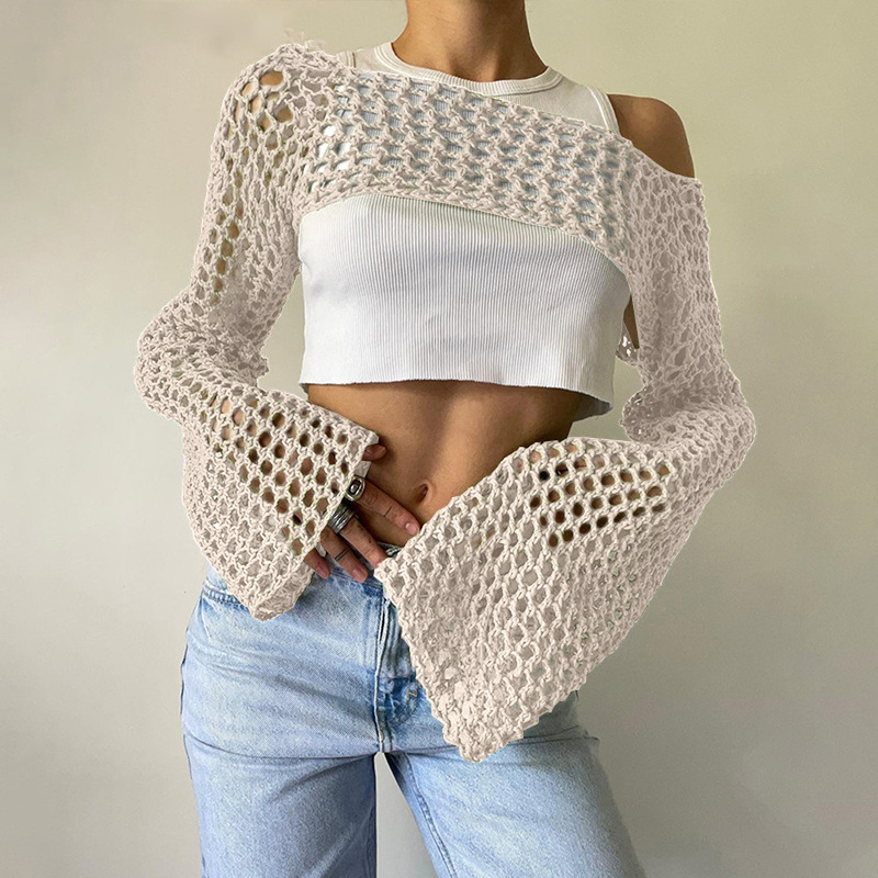 Women's Crochet Mesh Crop Top with Bell Sleeves
