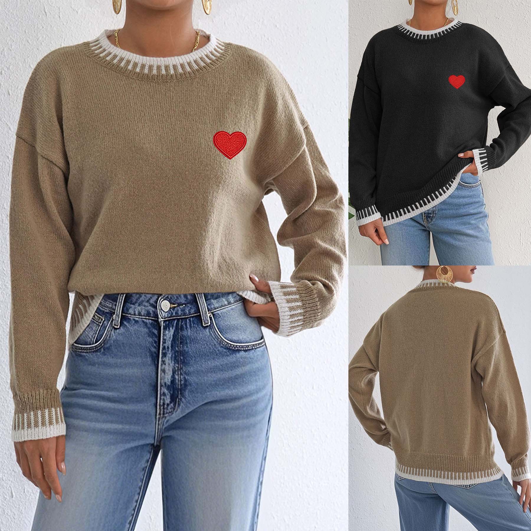 Color-Block Heart Embroidered Patch Pullover Sweater