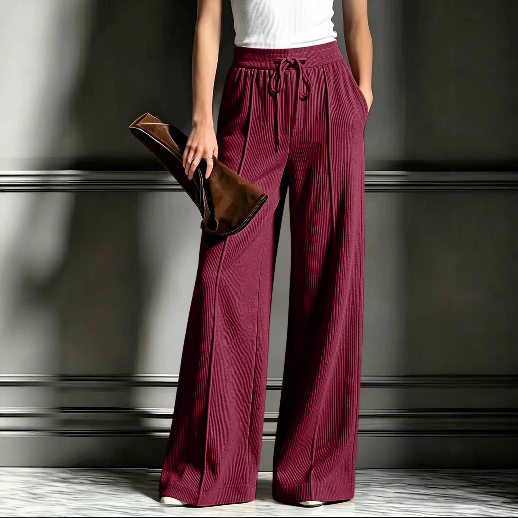 Ribbed Knit Wide-Leg Pants with Pockets