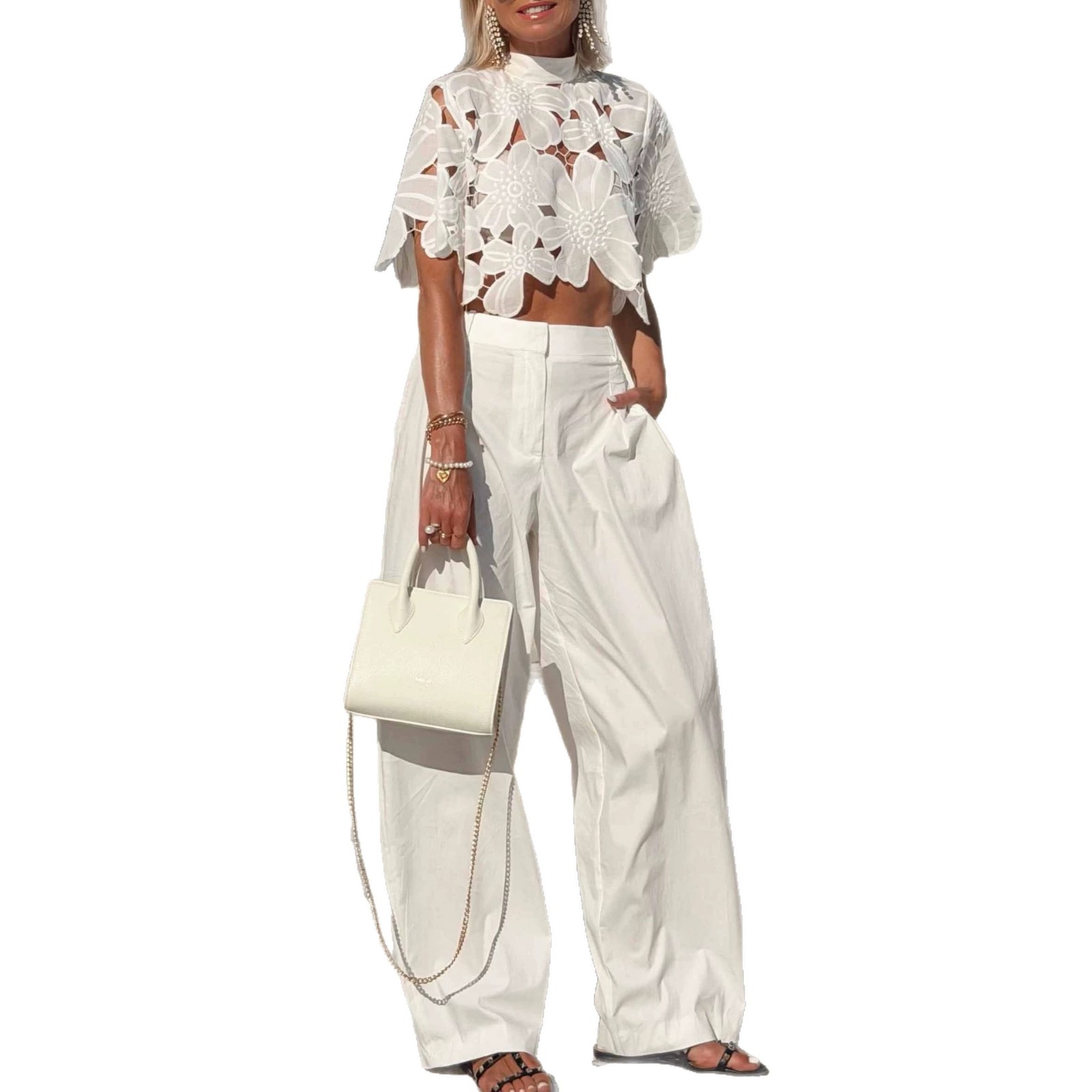 Women's Lace Hollow-Out Top and Wide-Leg Pants Set