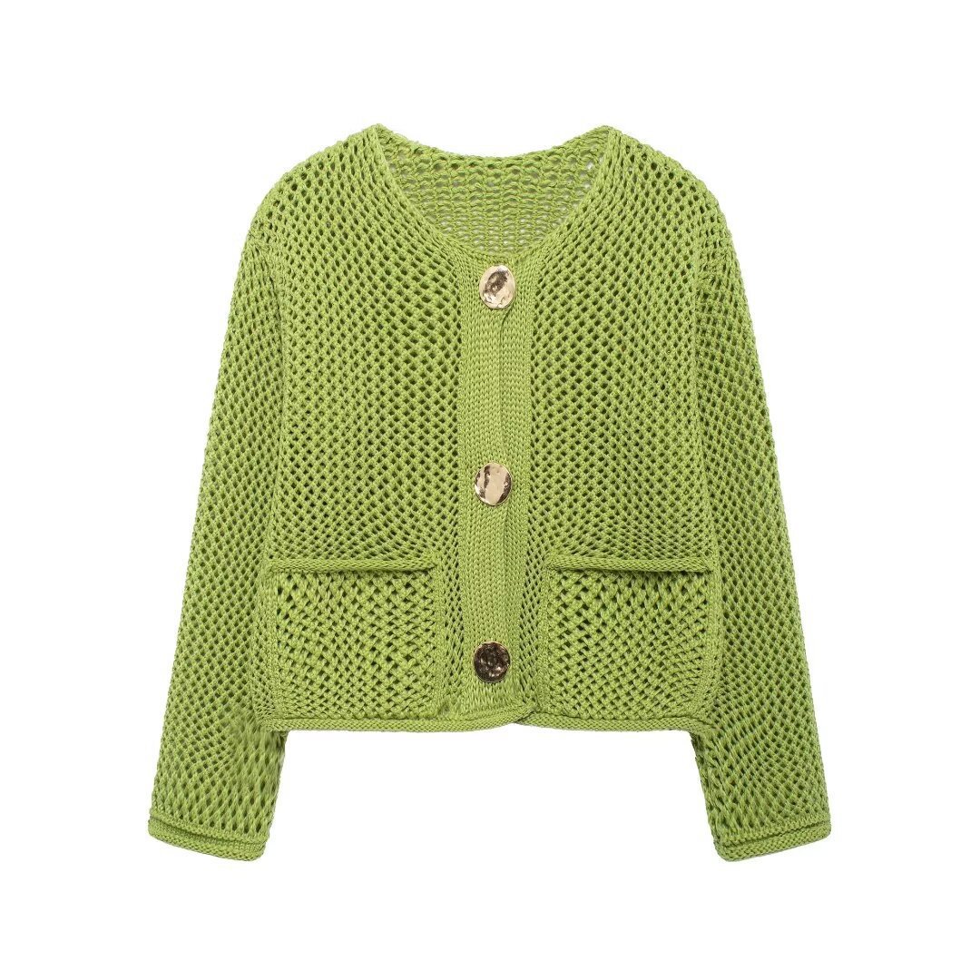 Women's Solid Color Button-Up Knit Cardigan with Pockets Crew Neck Long Sleeve Chunky Sweater Coat