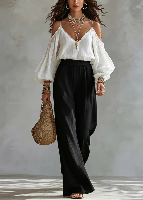 V-Neck Cold-Shoulder Long-Sleeve Solid Top & High-Waist Black Wide-Leg Pants Women's Two-Piece Set