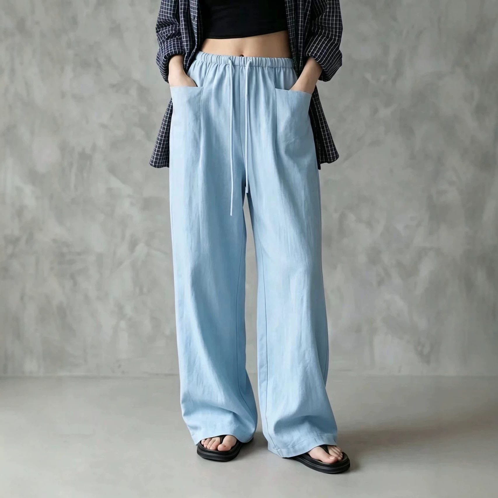Women's Solid Color Wide-Leg High-Waist Drawstring Casual Pants